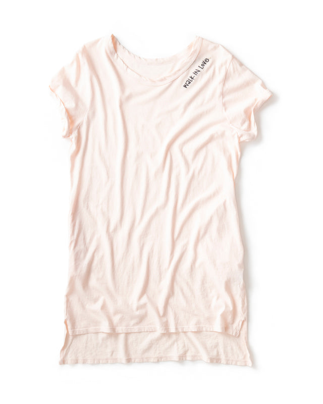 Organic Cotton Lightweight T-Shirt Dress Embroidered with Walk in Love in Blossom Pink