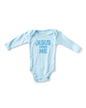 Load image into Gallery viewer, Organic Baby Onesie- Jesus Loves Me Embroidered on Cloud Blue