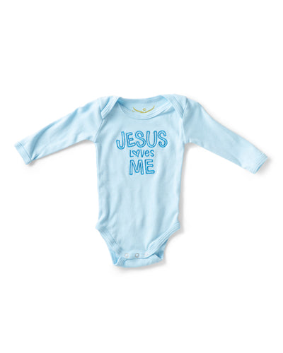 Organic Baby Onesie- Jesus Loves Me Embroidered on Cloud Blue