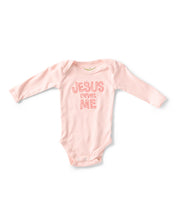 Load image into Gallery viewer, Organic Baby Onesie- Jesus Loves Me Embroidered on Blush Pink