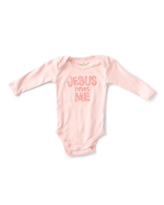 Organic Baby Onesie- Jesus Loves Me Embroidered on Blush Pink