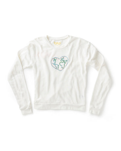 Organic Recycled Crew Sweater Embroidered Earth Heart- Look Out for Others