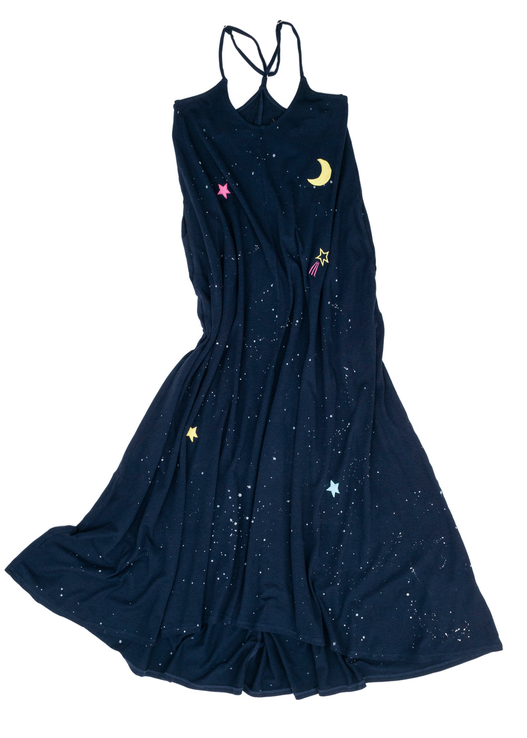 Organic Cotton Maxi Dress in Indigo with White Paint Splatter and Moon and Star Embroidery