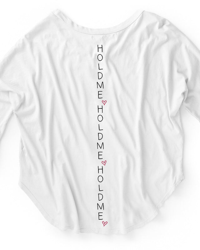 Organic Cotton Long Sleeve White Tee Embroidered with Hold Me & Hearts